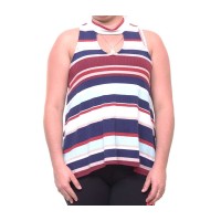 Almost Famous Womens Striped Hi-Lo Tank Top (Aqua/Navy, Small)