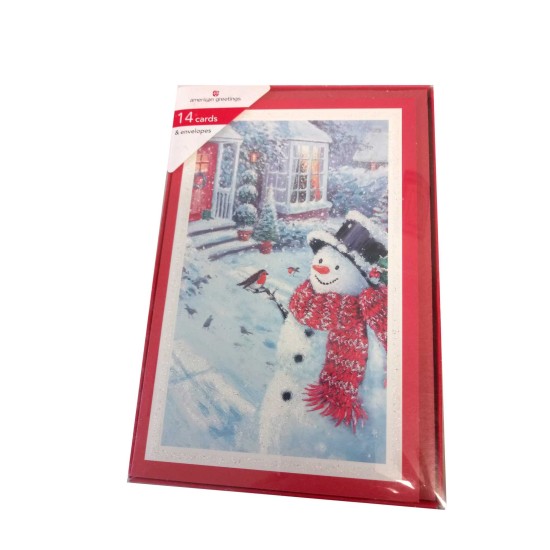  Snowman Near House 14 Cards With Envelopes Glitter Snowr