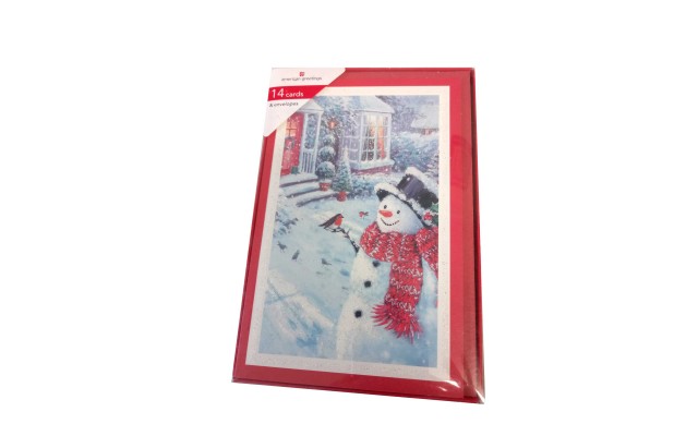  Snowman Near House 14 Cards With Envelopes Glitter Snowr