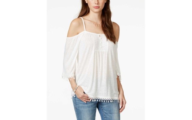  Crochet-Trim Cold-Shoulder Blouse Pullover Shirt Tops