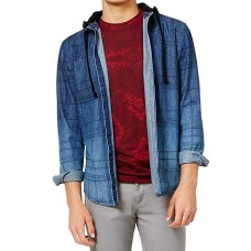 American Rag Mens Plaid Hooded Shirt Jacket (Blue, M)