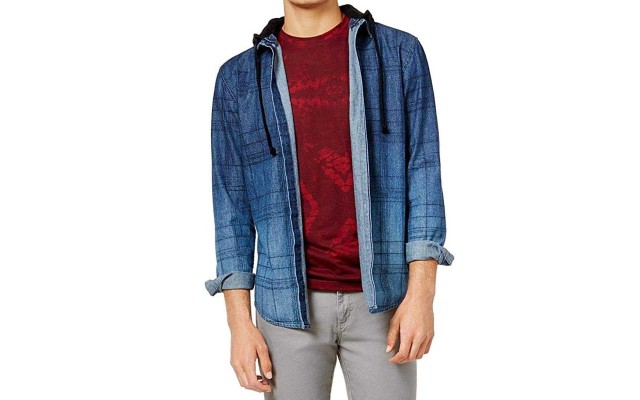  Mens Plaid Hooded Shirt Jacket (Blue, M)