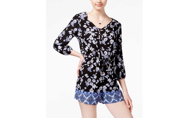  Women's Floral Printed Three-Quarter-Sleeve Romper