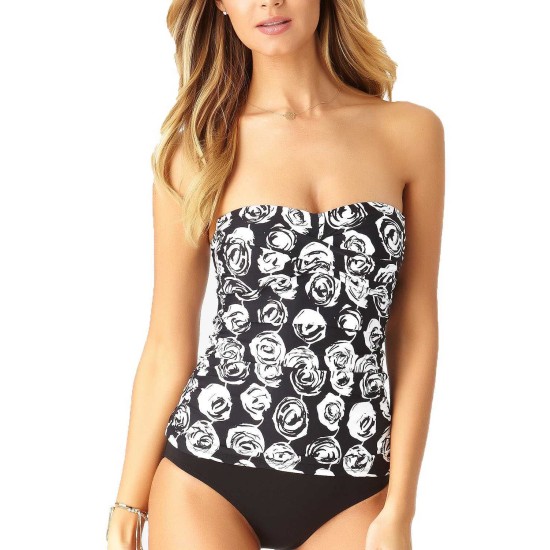  Women’s Solid Twist Front Shirred Bandeau Tankini Top Swimsuit