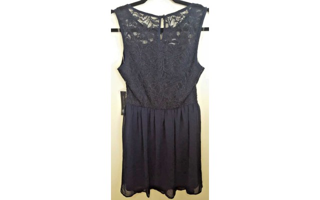  Striped Sleeveless Lace Short Dress (Navy, Large)