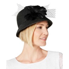 August Hat Womens Feather Flower & Netting Cloche (Black)