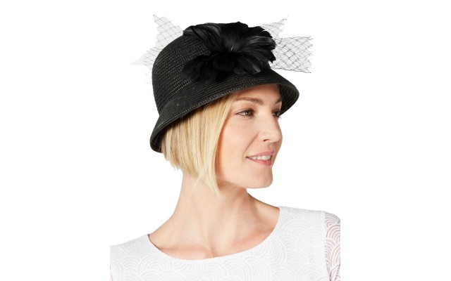  Womens Feather Flower & Netting Cloche (Black)
