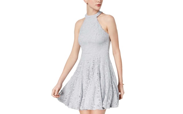 B Darlin Juniors’ Glitter Lace Fit & Flare Dress (Silver,1/2)