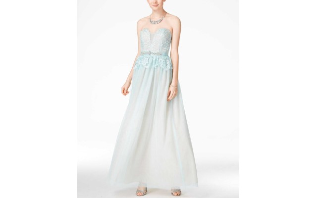  Juniors Strapless Lace Peplum Gown