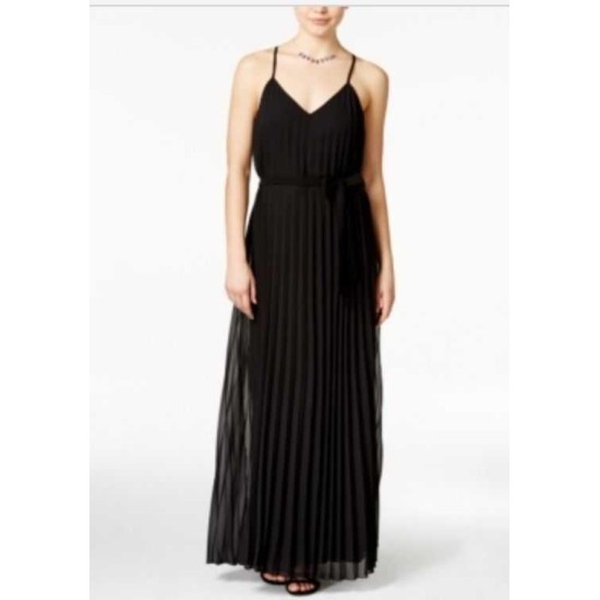  NEW Deep Black Size 1/2 Junior V-Neck Maxi Pleated Dress $79