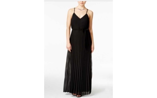  NEW Deep Black Size 1/2 Junior V-Neck Maxi Pleated Dress $79