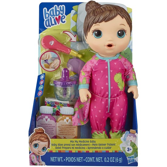  Mix My Medicine Baby Doll, Dinosaur Pajamas, Drinks and Wets, Doctor Accessories, Brown Hair Toy for Kids Ages 3 and Up