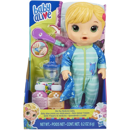  Mix My Medicine Baby Doll, Kitty-Cat Pajamas, Drinks and Wets, Doctor Accessories, Blonde Hair Toy for Kids Ages 3 and Up