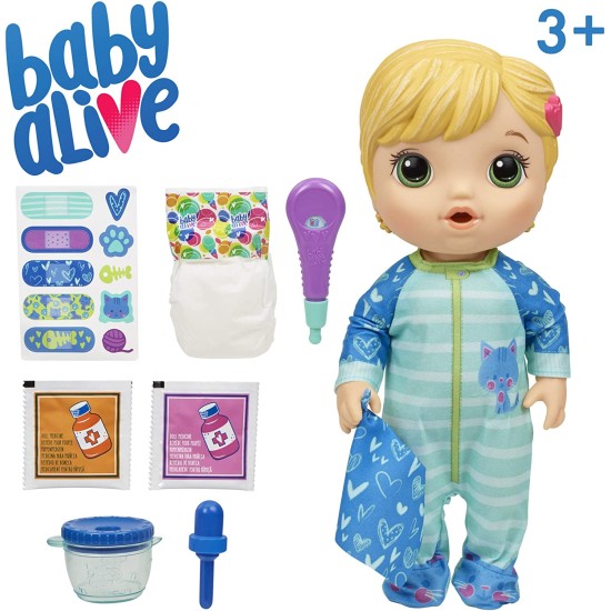  Mix My Medicine Baby Doll, Kitty-Cat Pajamas, Drinks and Wets, Doctor Accessories, Blonde Hair Toy for Kids Ages 3 and Up