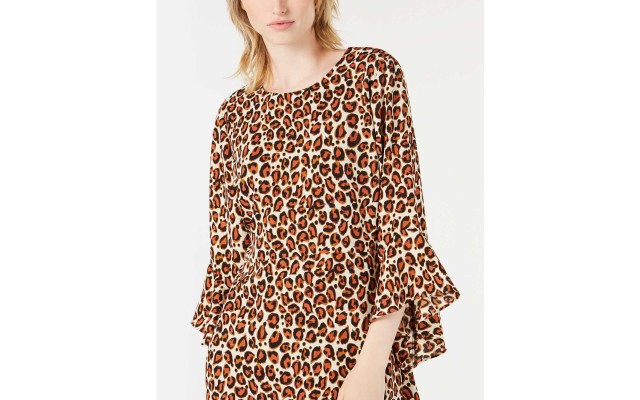  Bell-Sleeve Leopard-Print Dress (Black, 2)