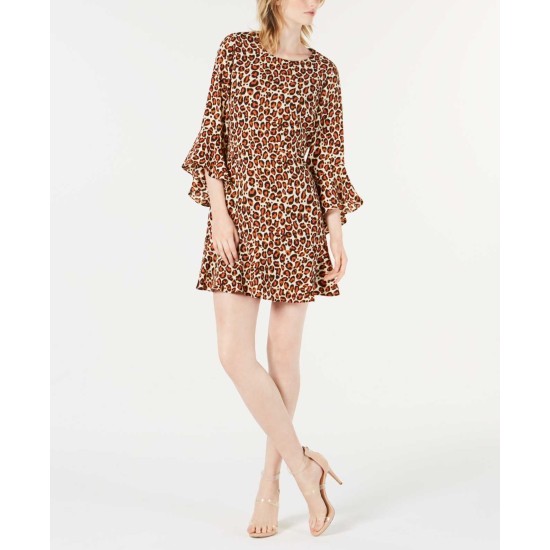  Bell-Sleeve Leopard-Print Dress (Black, 2)