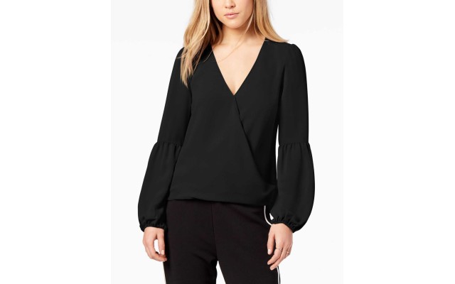  Blouson-Sleeve Surplice Top (Deepblack, XS)