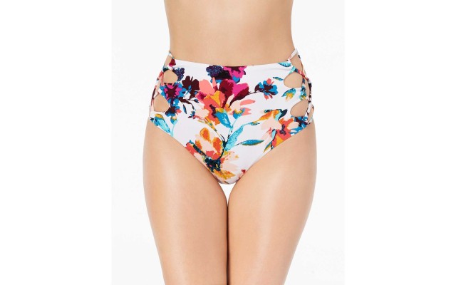  Fantastic Floral Lace-Up High Waist Brief Bottoms Women’s Swimsuit (White, Medium)