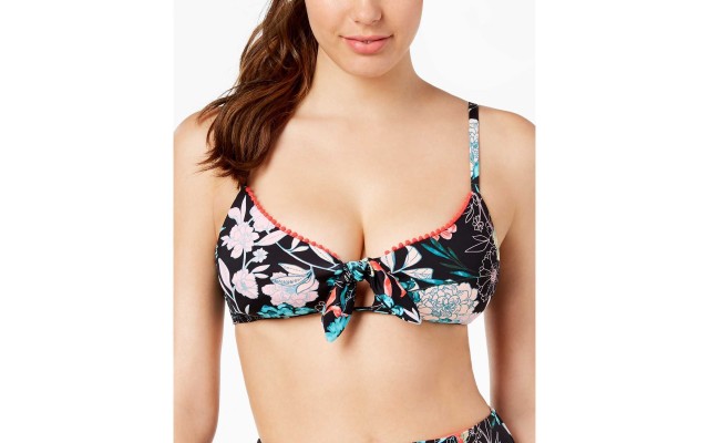  Floral-Print Tie Front Bralette Bikini Top (Black, X-Small)