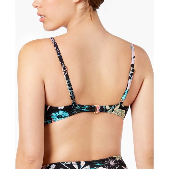  Floral-Print Tie Front Bralette Bikini Top (Black, X-Small)