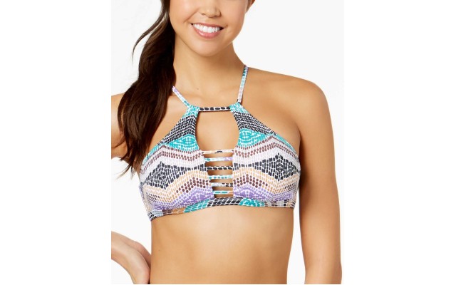  Printed High-Neck Cutout Bikini Top (Medium Beige, XL)