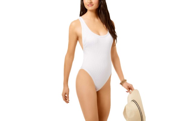  Ribbed Textured High-Cut Cheeky One Piece Bathing Suit (White, M)