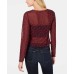 Sheer Mesh Polka-Dot Long Sleeve Blouse Pullover Shirt Tops