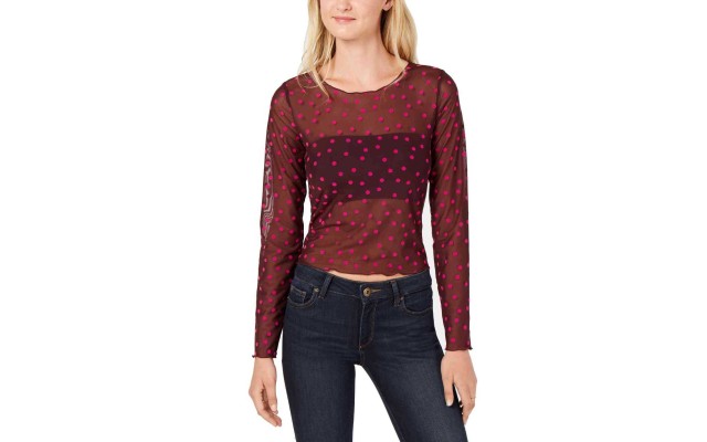  Sheer Mesh Polka-Dot Long Sleeve Blouse Pullover Shirt Tops