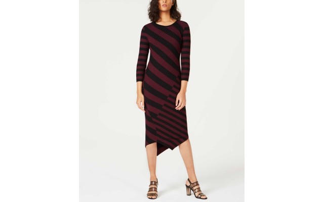 Striped Asymmetrical Sweater Dress (Medium Red, XS)