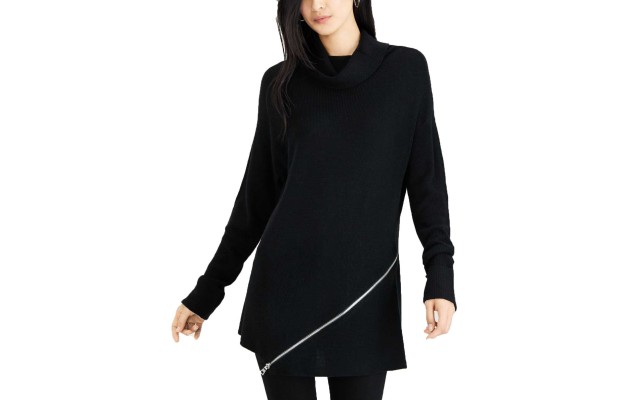  Zipper-Trim Turtleneck Sweater (Black, S)