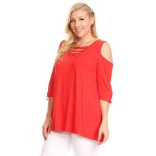 Belldini Plus Size Cold Shoulder Women’s V-Neck Pullover (Orange, XXL)