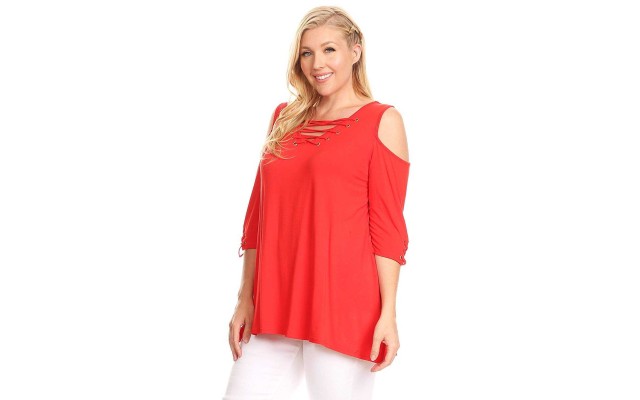  Plus Size Cold Shoulder Women’s V-Neck Pullover (Orange, XXL)