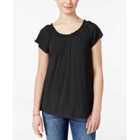 Belle Du Jour Juniors Flutter-Sleeve Peasant Top Black Shirt, SIZE XS