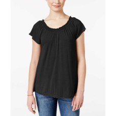 Belle Du Jour Juniors Flutter-Sleeve Peasant Top Black Shirt, SIZE XS