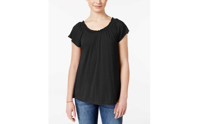  Juniors Flutter-Sleeve Peasant Top Black Shirt, SIZE XS