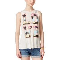 Belle Du Jour Juniors’ Split-Back Graphic Tank Top (Heather Oatmeal, Large)