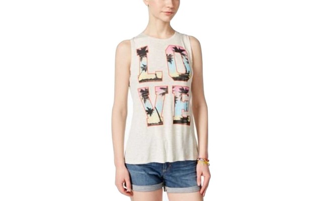  Juniors’ Split-Back Graphic Tank Top (Heather Oatmeal, Large)