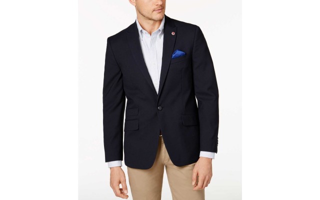  Men’s Slim-Fit Navy Textured Peak Lapel Blazer (Navy, 48)