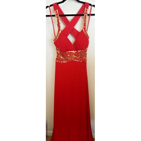  Juniors’ Embellished Crisscross-Back Gown (Red Gold, 9)