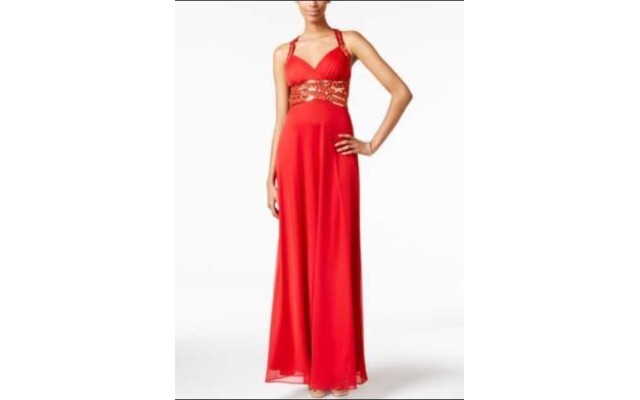  Juniors’ Embellished Crisscross-Back Gown (Red Gold, 9)