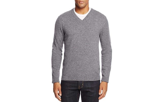 ’s The Men’s Store Cashmere Long Sleeve V-Neck Pullover Sweater (Grey Navy, X-Large)