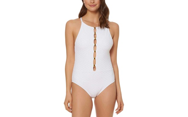  Women's Textured High-Neck Low-Back One-Piece Swimsuit