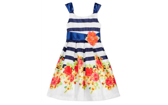  Floral-Print Striped Party Dress (Navy/White, 16)