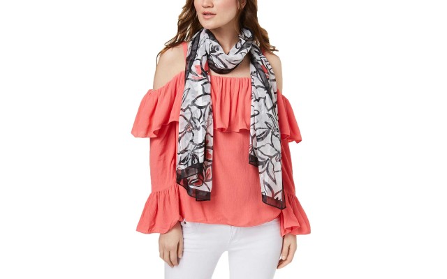  Floral-Print Chiffon Scarf (Dark Pink, 21″x72″)