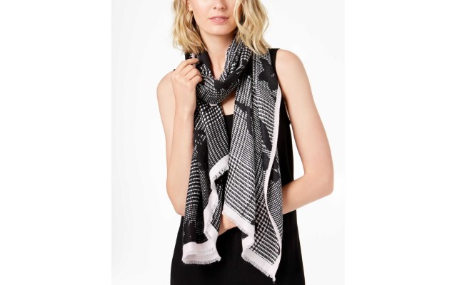  Floral-Print Plaid Soft Scarf (Black)
