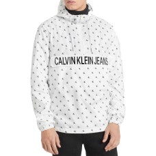 Calvin Klein Jeans Men’s Monogram Logo Hooded Popover Jacket (Natural, L)
