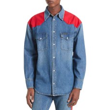 Calvin Klein Jeans Men’s Woven Western Shirt (Mid Stone and Red, Large)