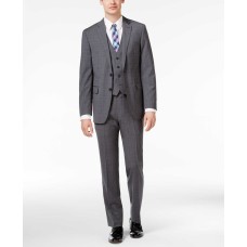 Calvin Klein Men’s Big & Tall Slim-Fit Windowpane Plaid Vested Suit 3 pc Garment (Gray/Blue, 42)