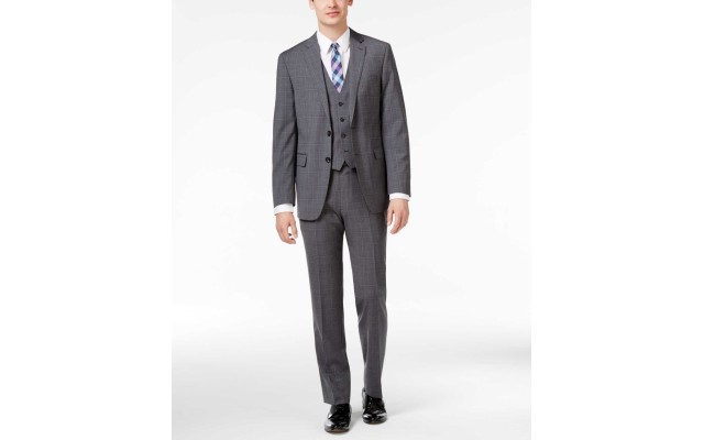  Men’s Big & Tall Slim-Fit Windowpane Plaid Vested Suit 3 pc Garment (Gray/Blue, 42)