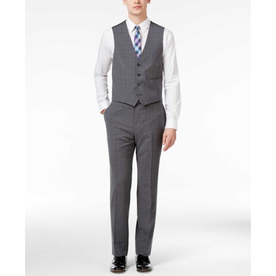  Men’s Big & Tall Slim-Fit Windowpane Plaid Vested Suit 3 pc Garment (Gray/Blue, 42)